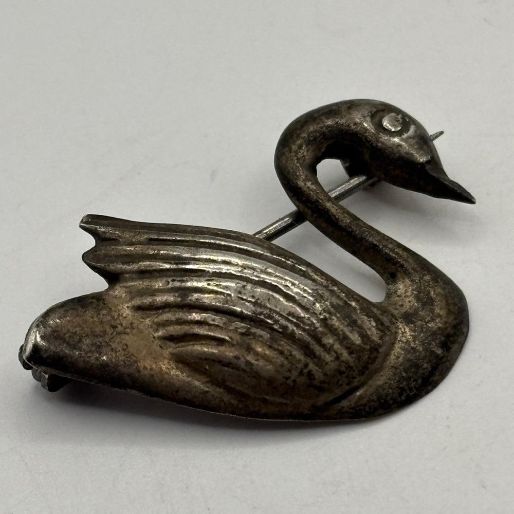 Antique Silver Swan Brooch C Clasp Pin 1"